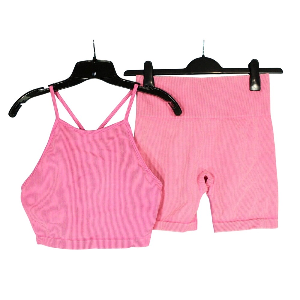JOY LAB Pink RIBBED KNIT Padded ATHLETIC Cami/Shorts OUTFIT SET Top-L Shorts-M